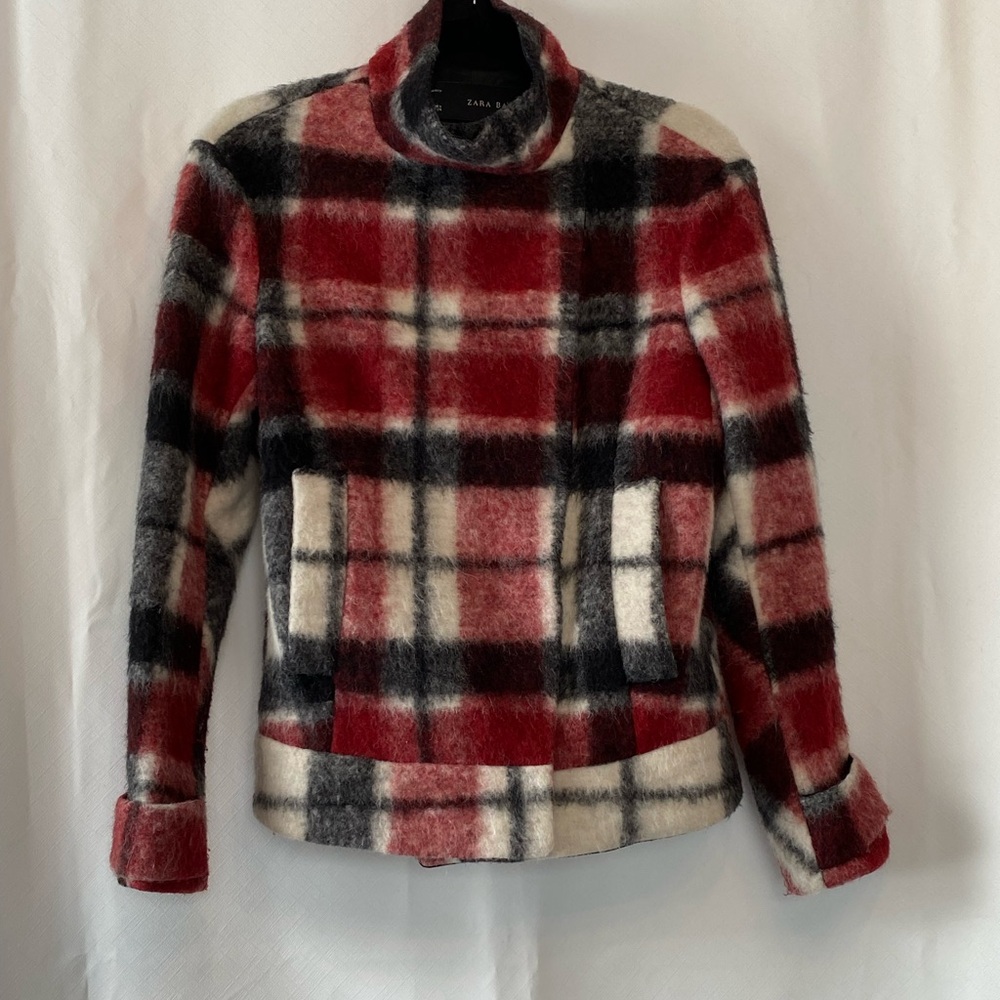 Zara Women's Wool Mohair Red Plaid Bomber Jacket Small Classic Heritage Tartan